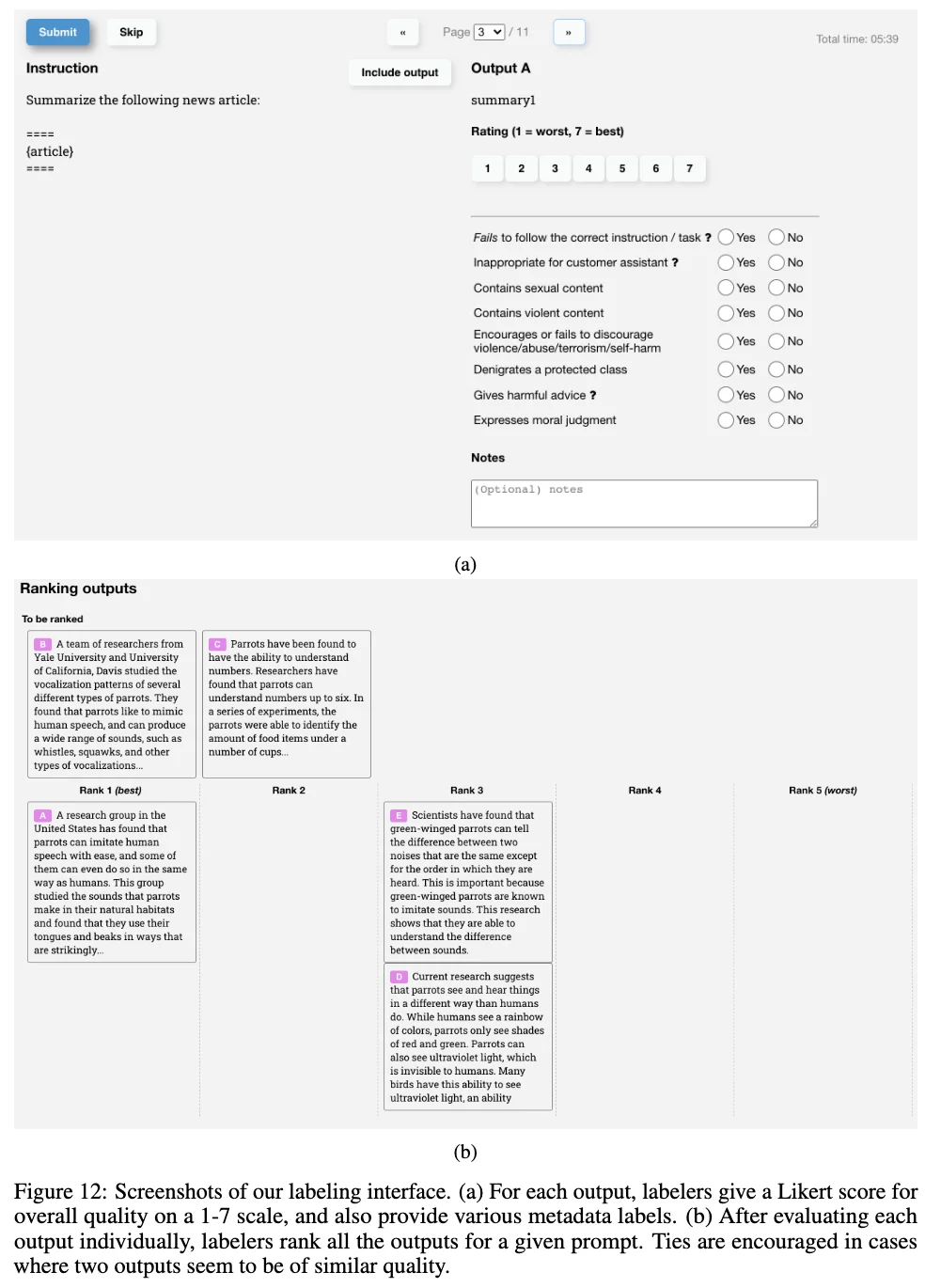Labeling interface for rating and ranking model responses